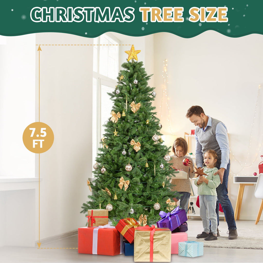 UBesGoo 7.5ft DIY Christmas Tree, Hinged Artificial Pine with 400 Warm LEDs & Golden Ornaments, Includes Tree Skirt, Green
