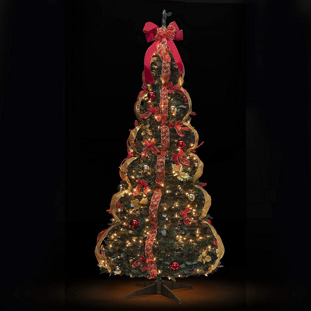 Prextex Christmas Tree Fully Decorated Pre-lit 6 Ft Pull Up Pop Up Out of Box Ready Minimal Assembly Needed Holiday Decorations w/ 350 Warm Lights with Stand