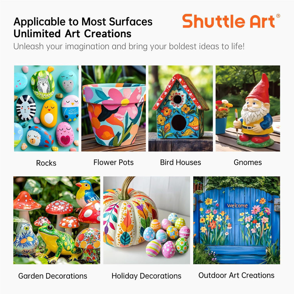 Shuttle Art Outdoor Acrylic Paint Set, 12 Colors Waterproof Paint, 8.45oz/250ml Large Bottles, Rich Pigmented Bulk Painting Supplies on Rocks, Wood, Wall, Crafts, Garden Statues