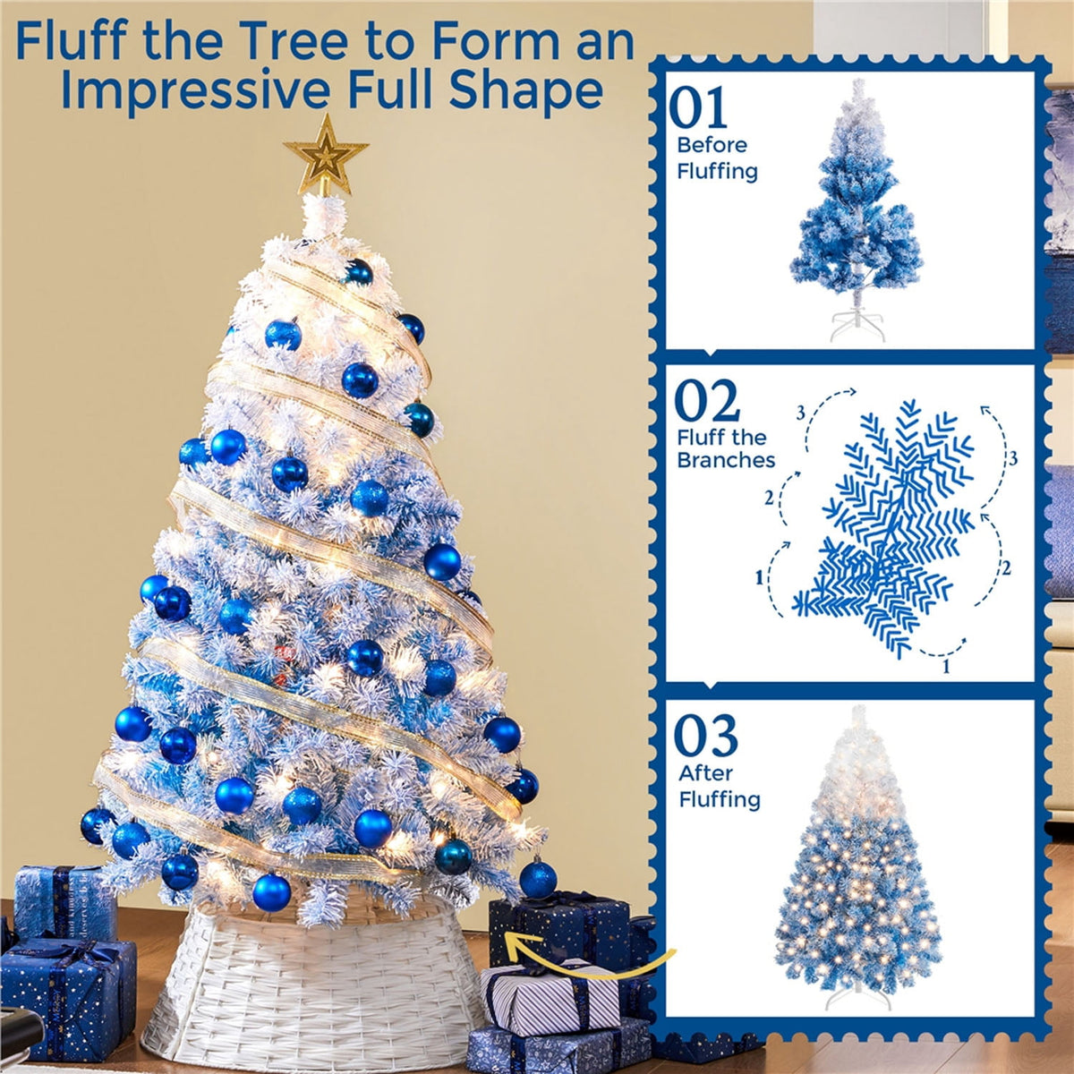 Alden Design 7.5 ft Pre-Lit Flocked Christmas Tree with Warm Lights, Frosted White