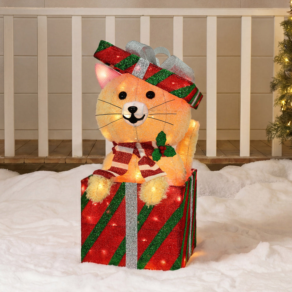 Indoor/Outdoor Light-Up Plush Cat Christmas Decoration with 85 LED Lights, Warm White, 31", by Holiday Time