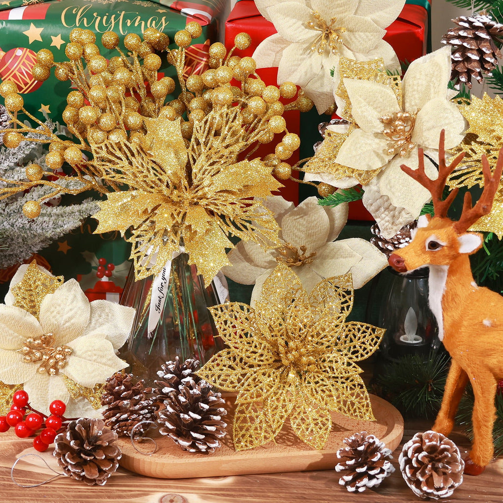 Ayieyill 56Pcs Poinsettia Christmas Flowers Decorations Christmas flower ornaments Artificial Glitter Berry Stems Christmas Pine Cones Christmas Tree Ornaments Set Christmas Tree Decorations (Pink)