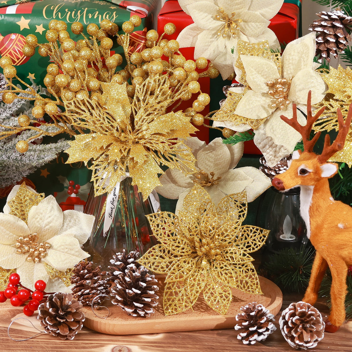 Ayieyill 56Pcs Poinsettia Christmas Flowers Decorations Christmas flower ornaments Artificial Glitter Berry Stems Christmas Pine Cones Christmas Tree Ornaments Set Christmas Tree Decorations (Blue)