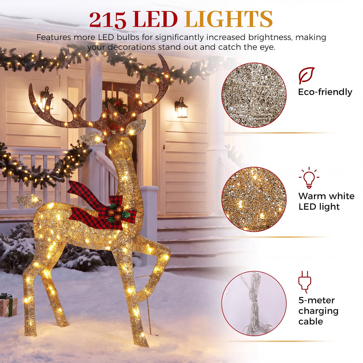 FOOWIN 3-Piece Large Christmas Deer Family, Lighted Outdoor Christmas Decoration, Champagne Gold