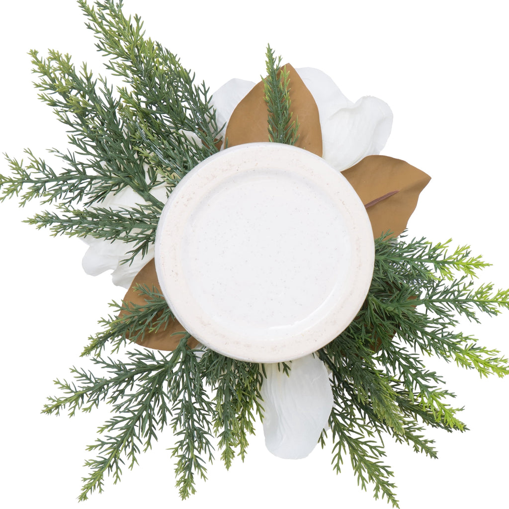 My Texas House Evergreen and Magnolia Christmas Arrangement in Pot, Green and White, 12"