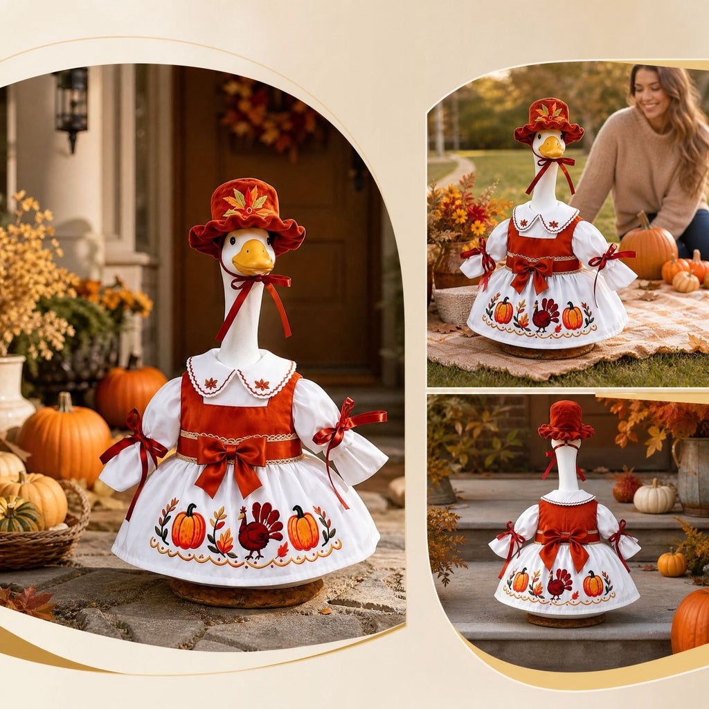 AZXY Thanksgiving Porch Goose Outfit, 23 Inch Lawn Goose Costume with Pilgrim Hat & Pumpkin Turkey Print Dress, Goose Clothes for Cement Plastic Goose Statue, Outdoor Yard Patio Fall Garden Decor