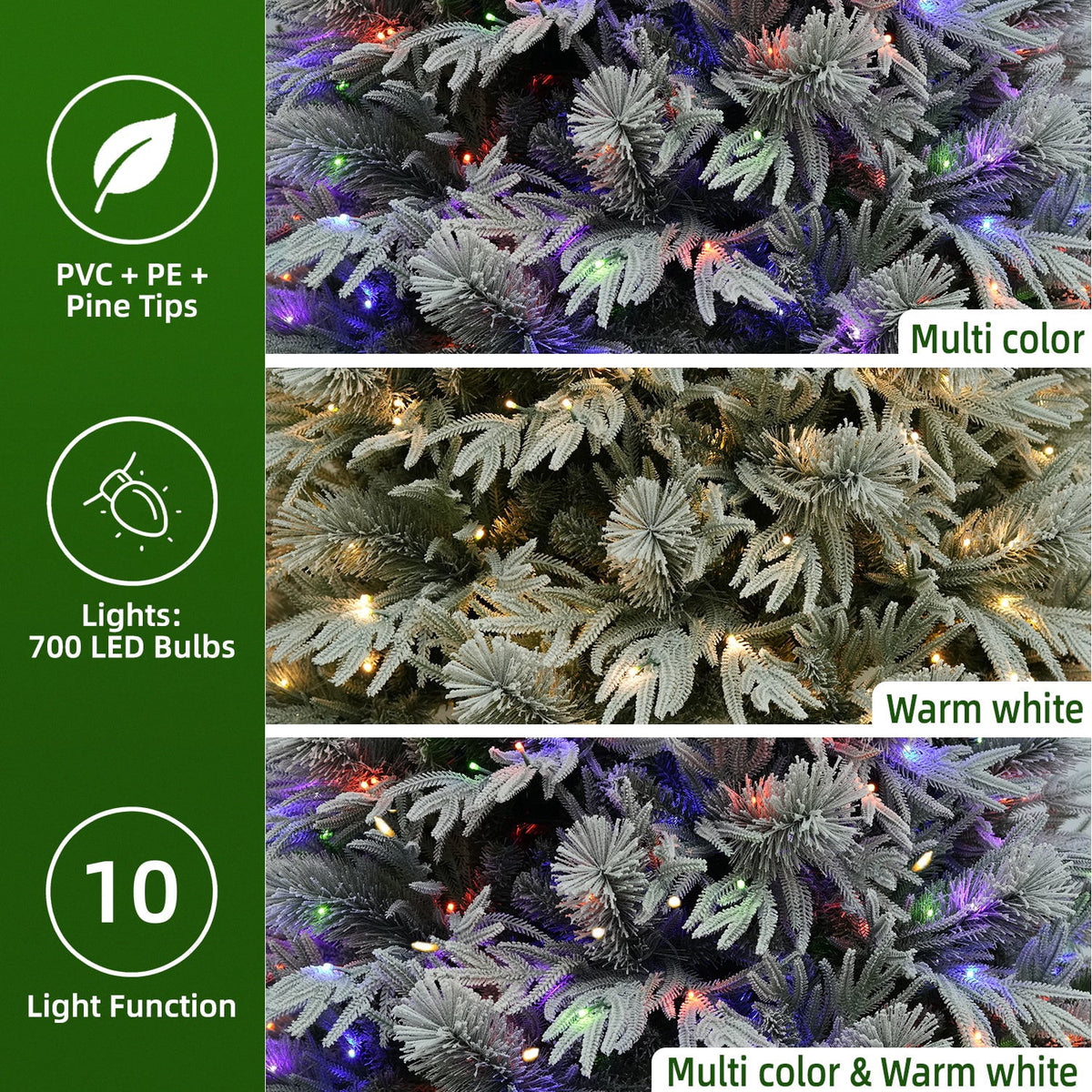 VIVATREES 7.5FT Premium Flocked Christmas Tree 550 Multi-Color LED Lights 5490 PVC PE Hinged Branch Tips Pre-Lit Artificial Xmas Pine Needles Metal Base for Home Office Holiday Decor