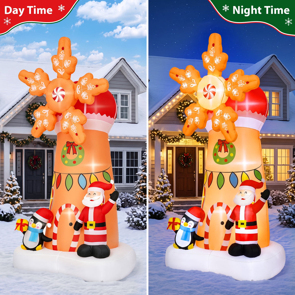 Firstness 7.7Ft High Christmas Inflatables Spinning Windmill with Santa and Penguin, Christmas Blow ups with LED Lights, Outdoor Yard Decoration