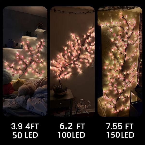 48LED/3.94FT Cherry Blossom Vine Lights with Remote Control, 8 Lighting Modes for Bedroom Wall and Indoor Decor