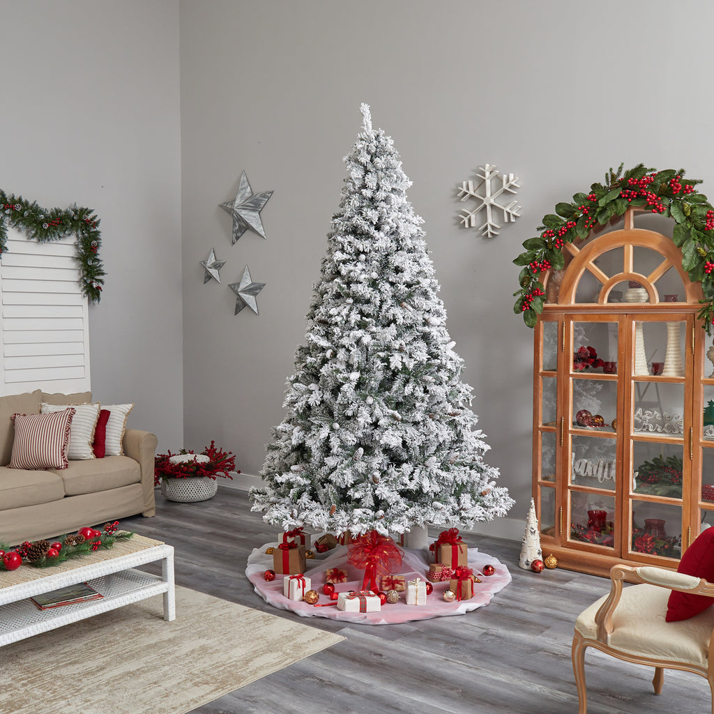 Nearly Natural River Mountain Clear Prelit LED Green Flocked Pine Christmas Tree, with Pinecones 9'