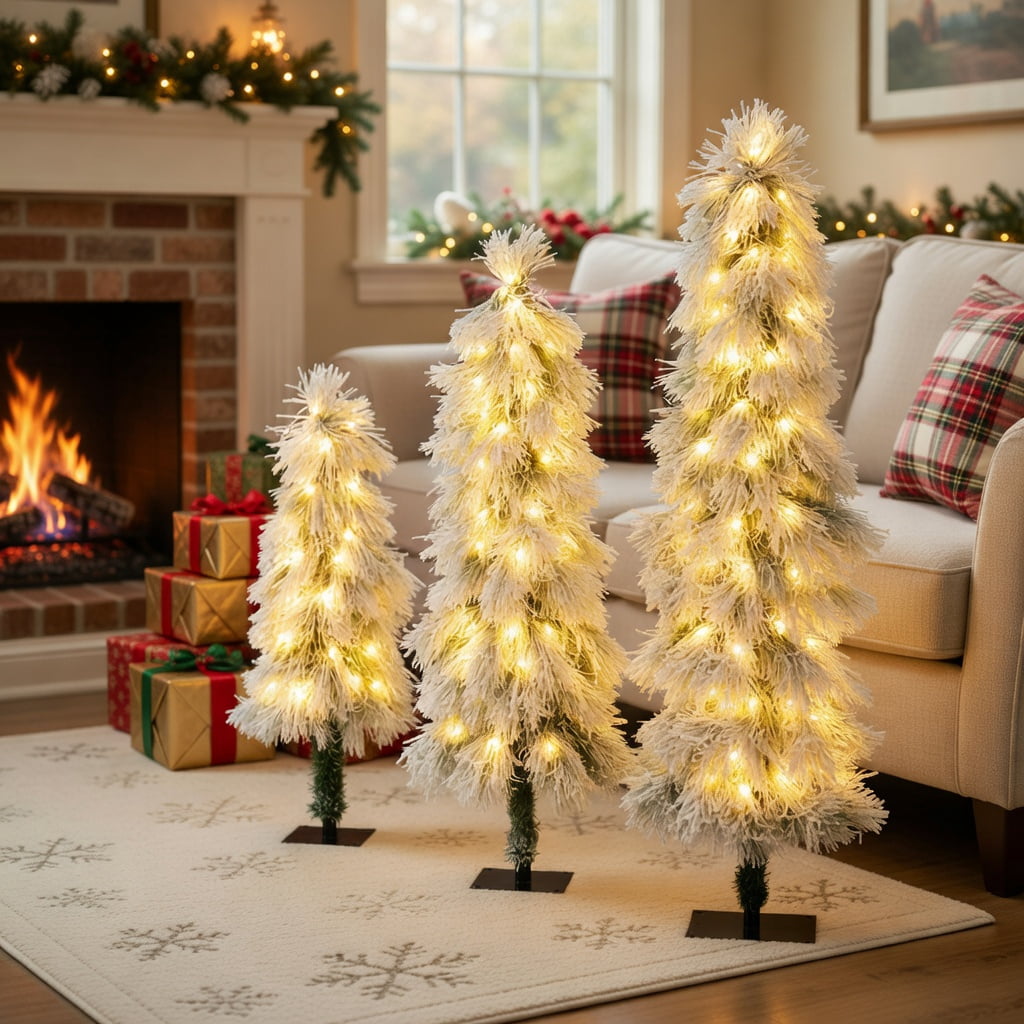 Resenkos 3-Piece Snow Flocked Artificial Christmas Tree Set - LED Lights, Green/White