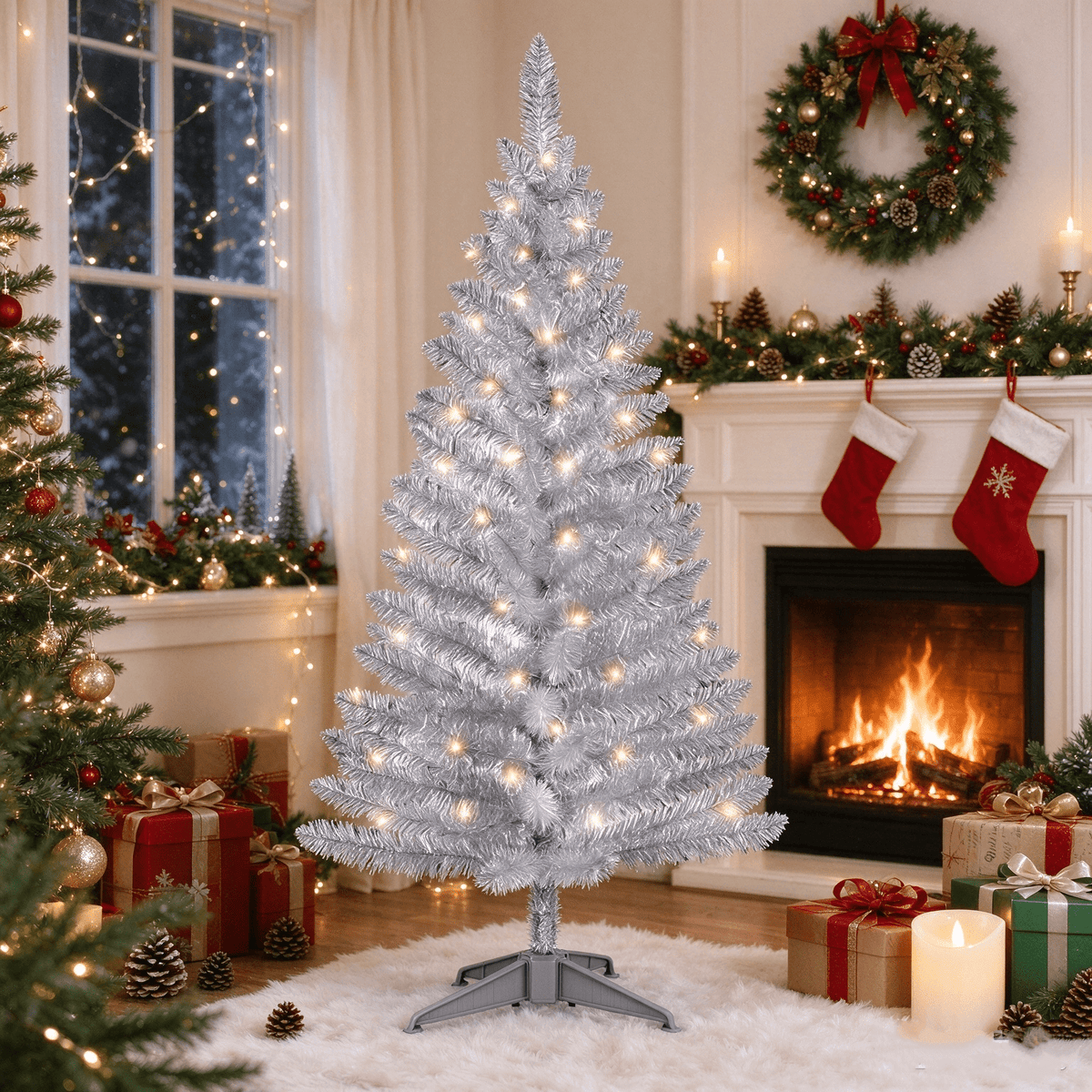 Cowin 4ft Artificial Christmas Tree,Pre-lit Tinsel Pine Spruce Tree, Small Xmas Tree for Home, Office and Party,White