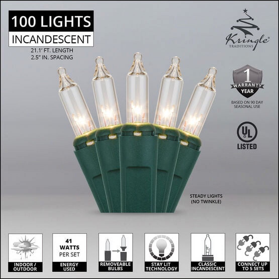 Kringle Traditions 100-Ct Clear White Christmas Lights, Party Wedding Bedroom Lights - 21' Green Wire