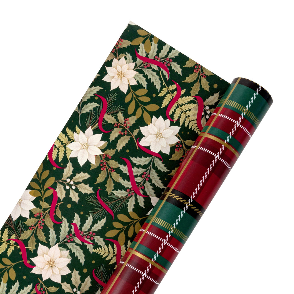 LaRibbons Nutcracker Wrapping Paper, 30" x 10' Holiday Reversible Metallic Gift Wrap Kit, Holly Nutcracker Plaids and Checks