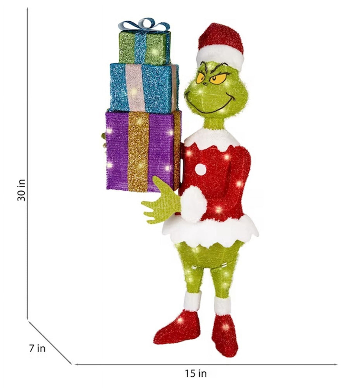 Gemmy 3D Holiday Lighted Tinsel Sculpture Grinch w/Present Stack Dr. Seuss, Multicolored