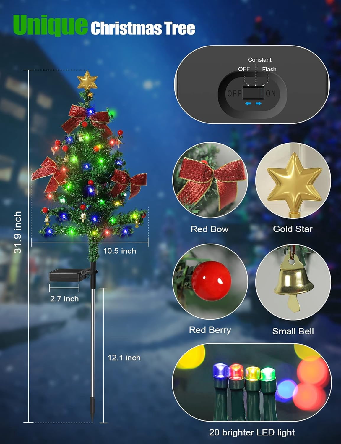 Beiled Multicolor Solar Christmas Tree Light Outdoor Waterproof 20LED Garden Decor（2pack）