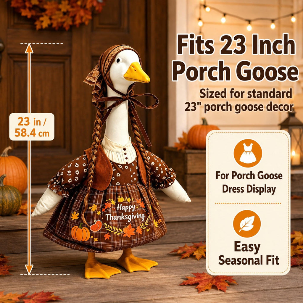 AZXY Thanksgiving Porch Goose Outfit, 23 Inch Lawn Goose Costume with Pilgrim Hat & Pumpkin Turkey Print Dress, Goose Clothes for Cement Plastic Goose Statue, Outdoor Yard Patio Fall Garden Decor