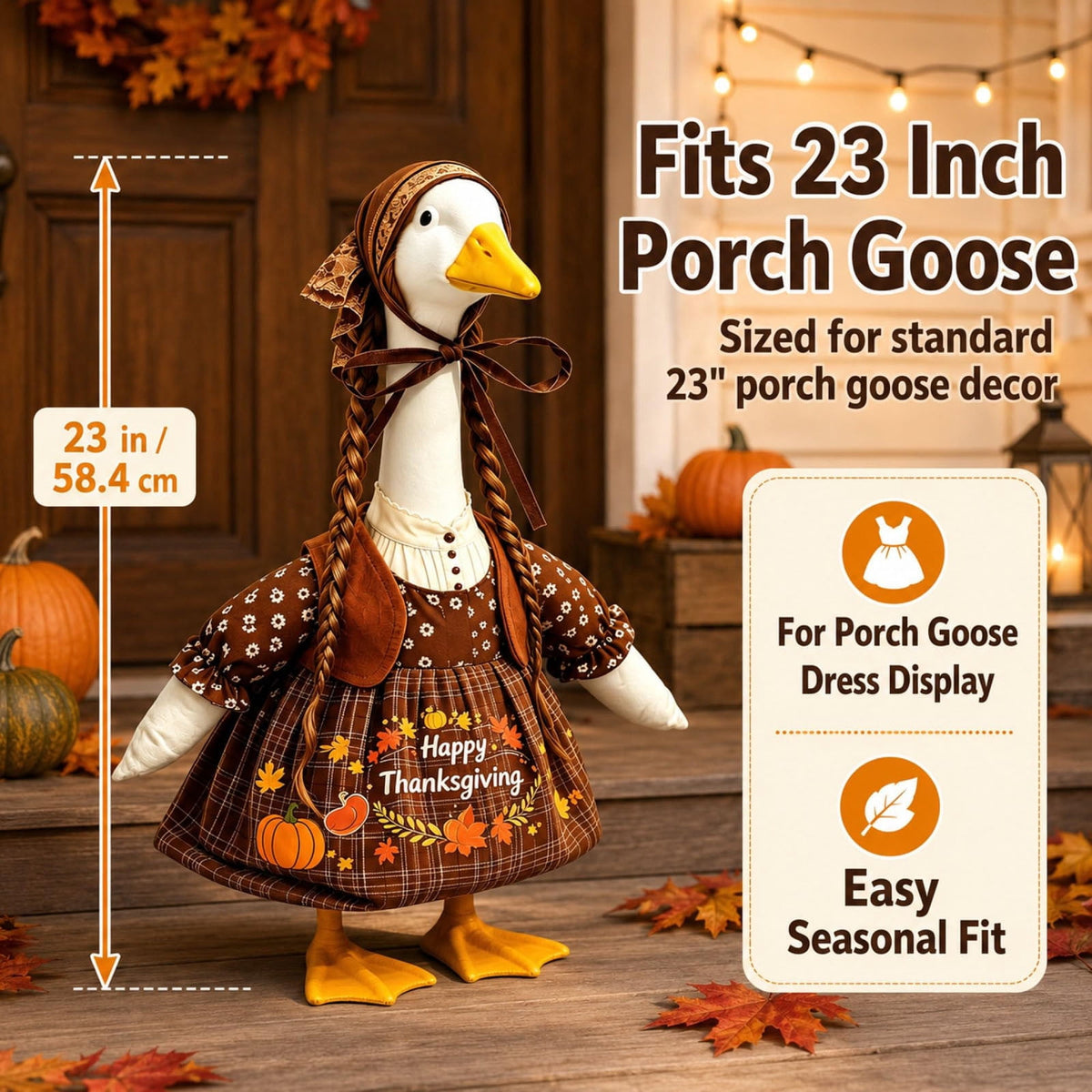 AZXY Thanksgiving Porch Goose Outfit, 23 Inch Lawn Goose Costume with Pilgrim Hat & Pumpkin Turkey Print Dress, Goose Clothes for Cement Plastic Goose Statue, Outdoor Yard Patio Fall Garden Decor