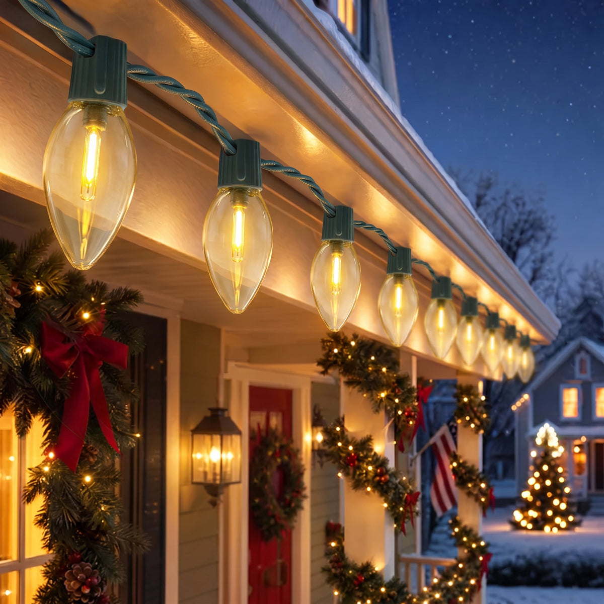 Indoor/Outdoor 25-Count LED Extra Bright Vintage-Style C9 Christmas String Lights, Warm White, Green Wire, 14', by Holiday Time