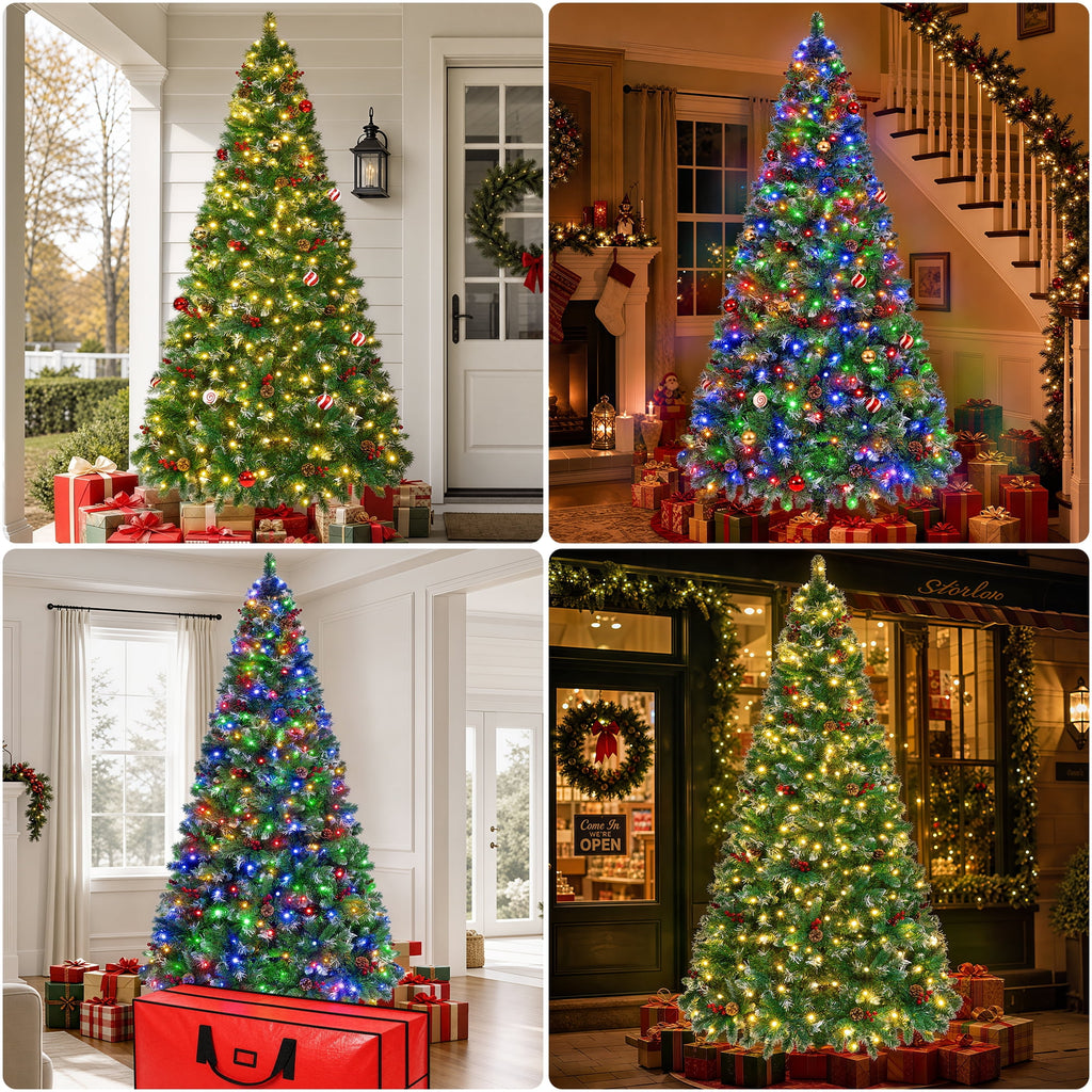 Firstness 6ft Pre-Lit Artificial Christmas Tree with Storage Bag, Warm & Multicolor Xmas Tree with 975 Branch Tips,Pine Cones + Red Berries