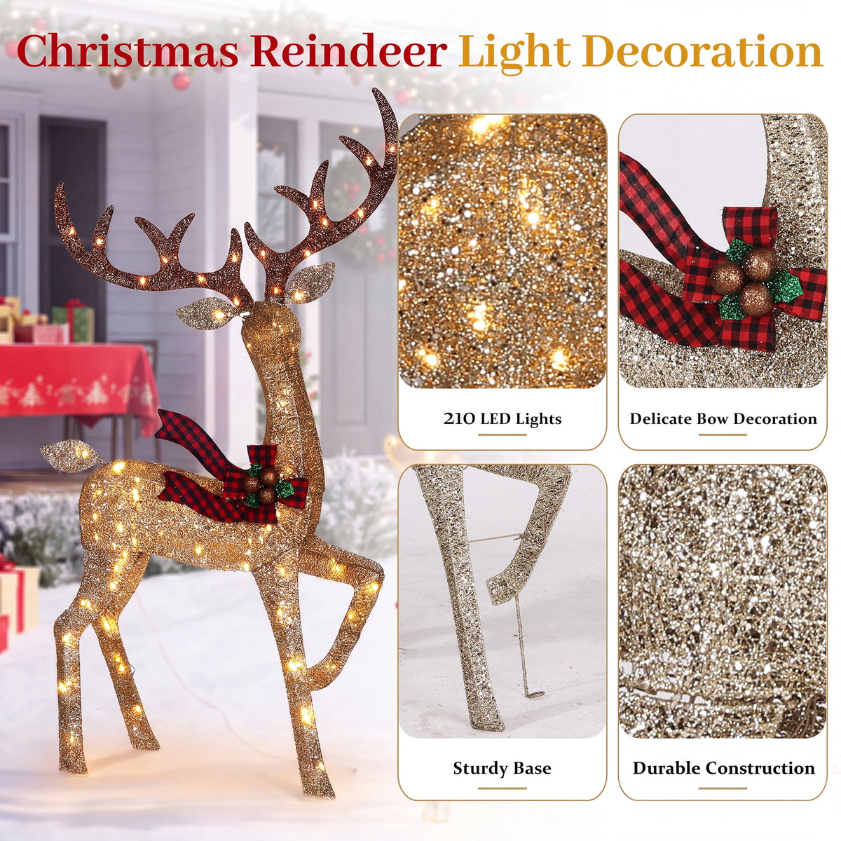FOOWIN 3-Piece Large Christmas Deer Family, Lighted Outdoor Christmas Decoration, Champagne Gold