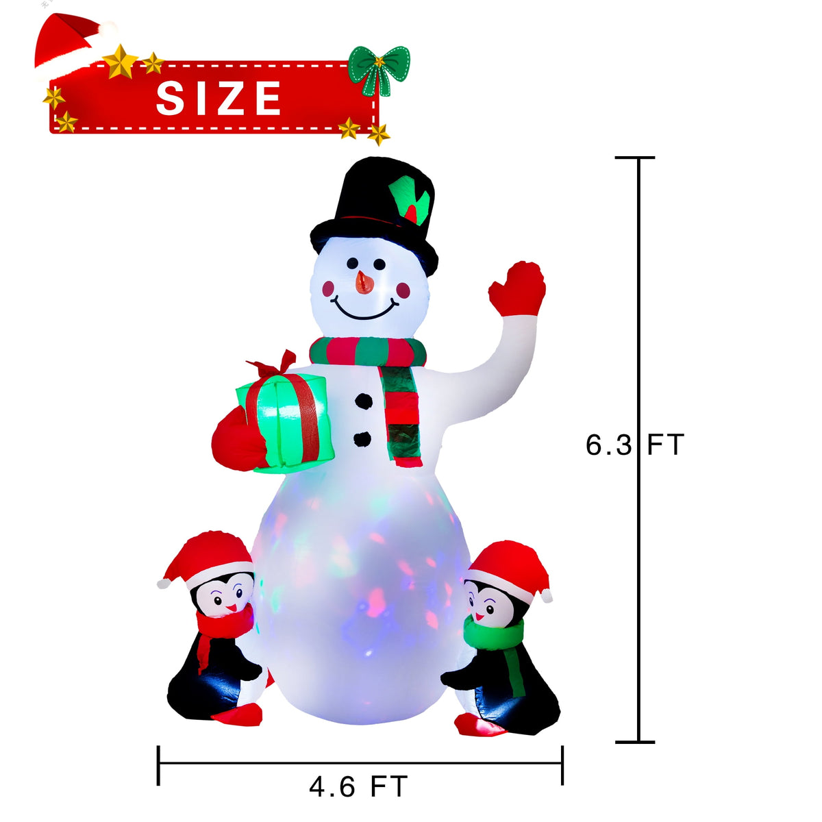 Yexmas 6.3 FT Christmas Inflatable Snowman with Penguins and Gift Box, Rotating LED Lights, Outdoor Christmas Blow Up Yard Decoration