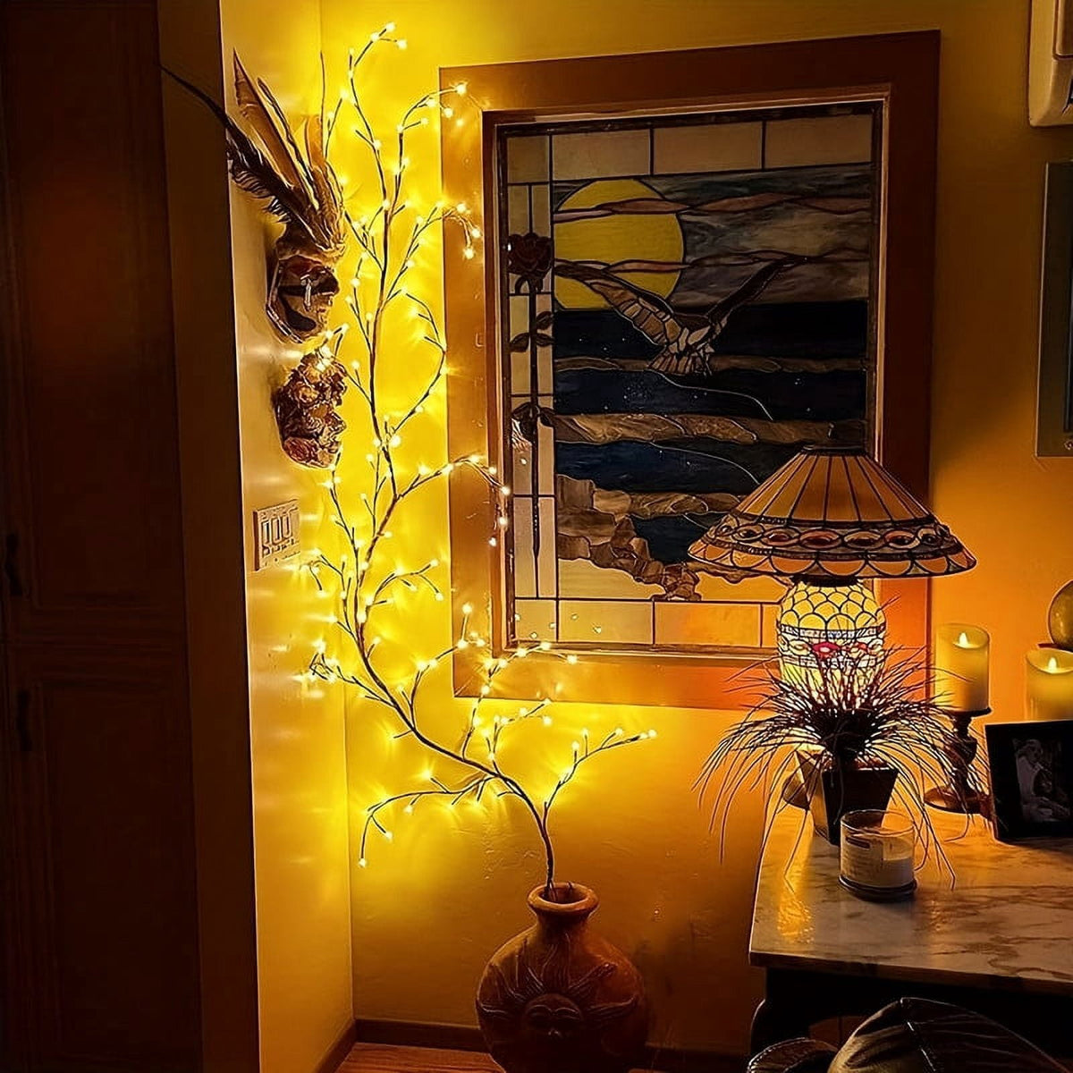 96 LED Indoor Wall Tree Lights Willow Vine Light Artificial Plants Tree Branches Lights 8 Modes 6 FT Flexible Enchanted Christmas Decoration (Warm White)