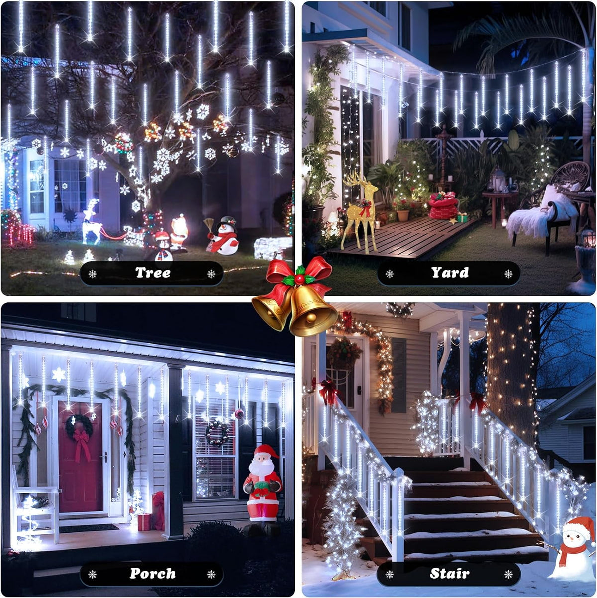 Rirool White Solar Meteor Shower Lights, 20 in 8 Tube 288 LED Raindrop Icicle Lights with Remote Timer, Waterproof Outdoor Snowfall Christmas Wedding Eave Tree Decor for Holiday Yard Patio