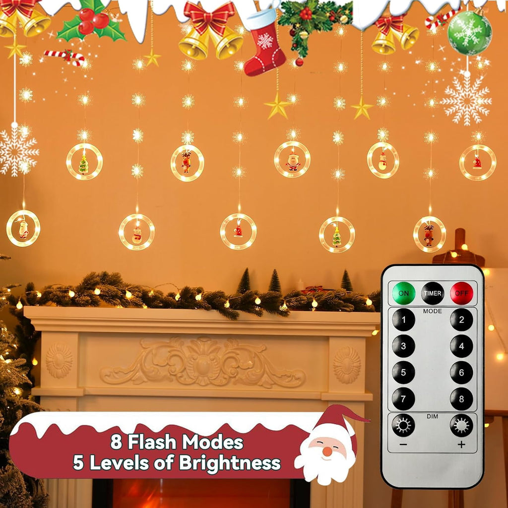 WILLED Christmas String Lights, 120 LED Window Curtain Lights with Christmas Ornaments, 9.8ft USB Powered Warm White Waterproof Fairy Lights Indoor Outdoor for Xmas Tree Patio Garden Party Home Decor