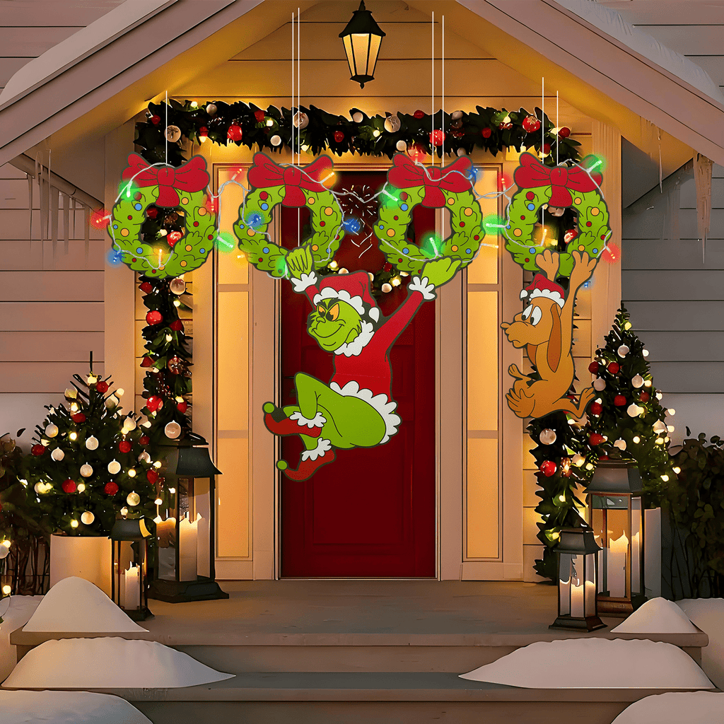 Outdoor Christmas Fence Decorations, 6Pcs Light Up Green Monster Fence Peeker Signs Decor with LED String Lights for Yard Garden Lawn Fireplace, Christmas Tree Decoration