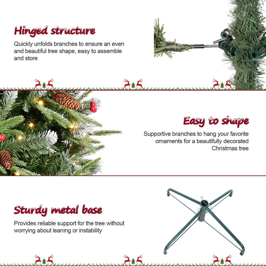 Maylaviu 7ft Lighted Artificial Christmas Tree with 2178 Premium PE/PVC Branches, 450 Lights, Pine Cones, Red Berries, Foldable Metal Base, Green