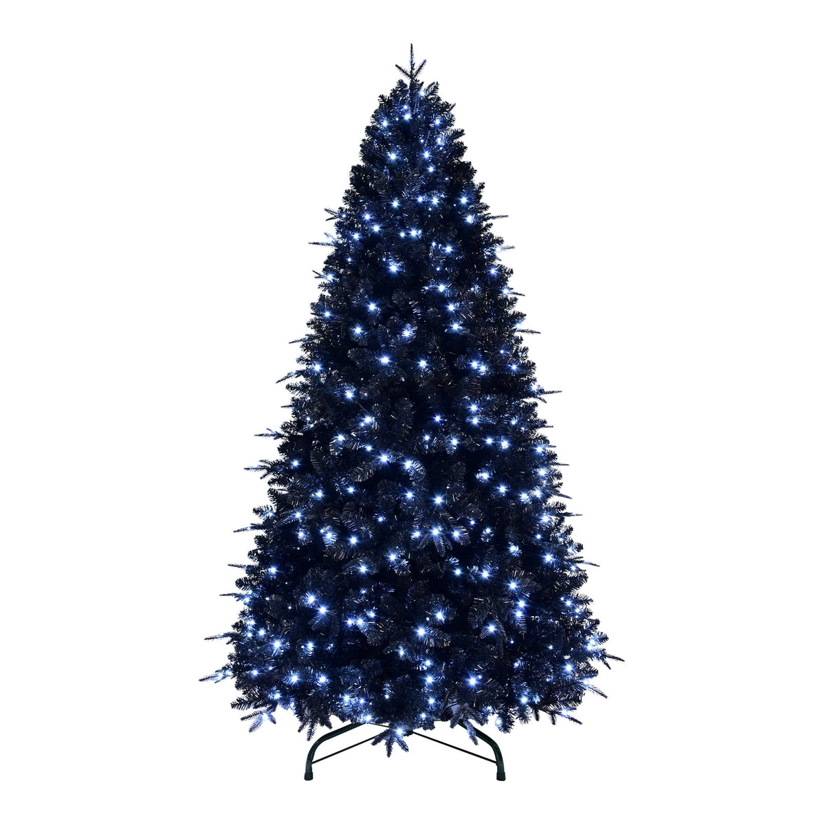 Maylaviu 7FT Gothic Black Christmas Tree, 450 Cold White Lights, 1916 Full Tips, Halloween & Holiday Party Decor, Sturdy Metal Stand