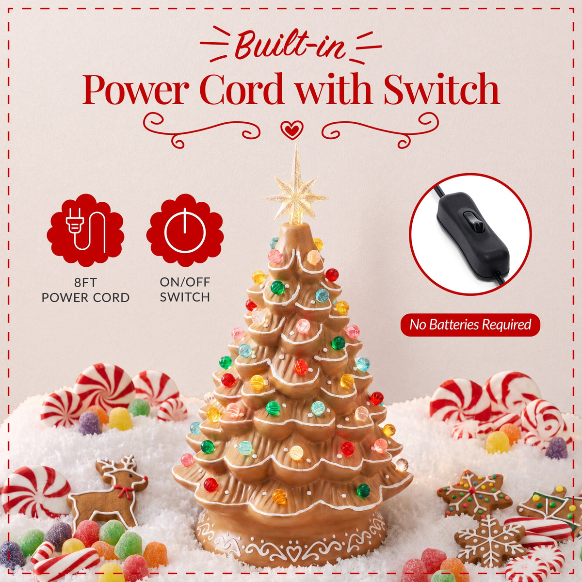 Best Choice Products 15in Ceramic Christmas Tree, Pre-lit Hand-Painted Tabletop Holiday Tree, Gingerbread Red/White/Grn
