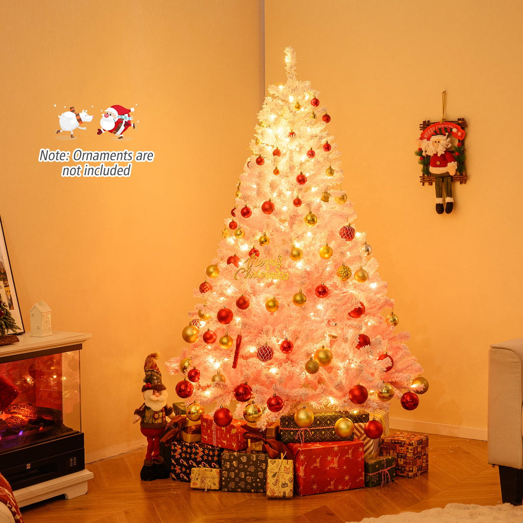 Costway 6 FT Artificial Christmas Tree with 250 Warm White LED Lights, 8 Lighting Modes & Folding Metal Stand White & Pink