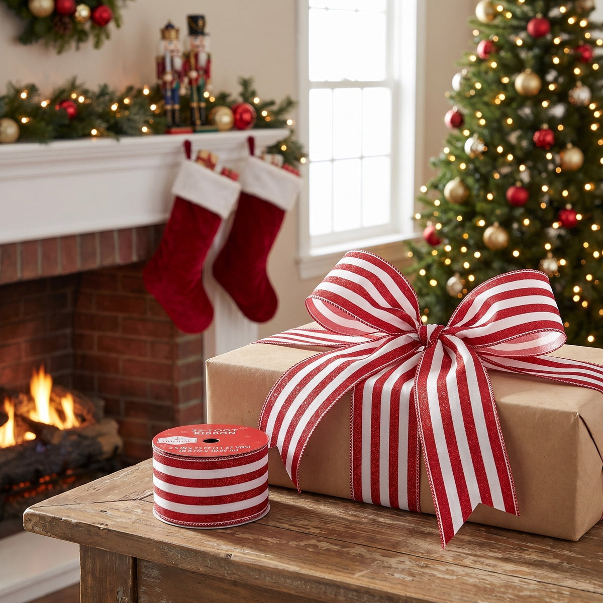 Red and White Striped Christmas Ribbon, 3.5" x 35', by Holiday Time