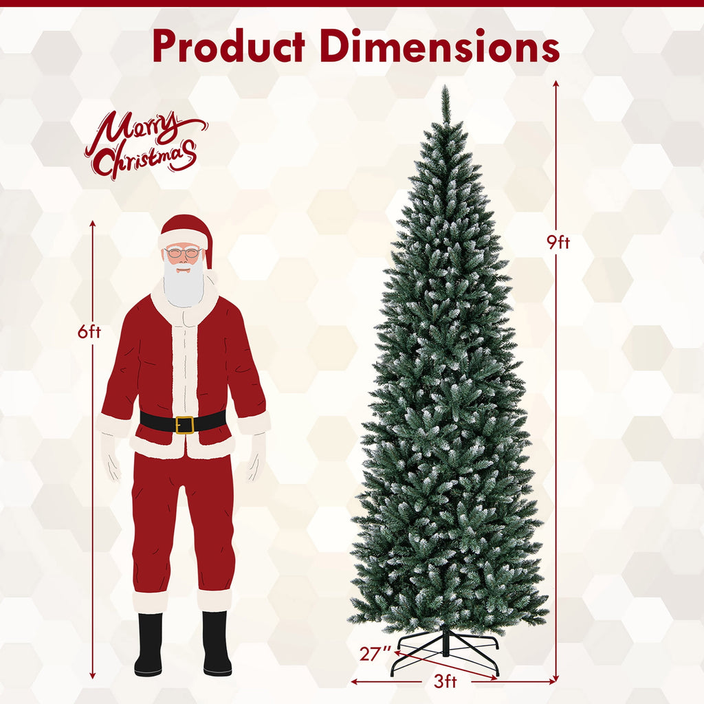 Gymax 9 FT Pre-Lit Artificial Christmas Tree Hinged Slim Pencil Xmas Tree w/ 1298 Snowy Branch Tips