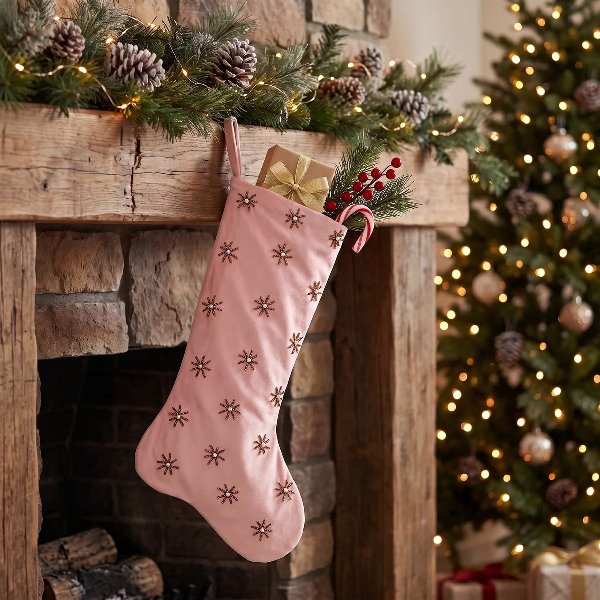 Beaded Starburst Christmas Stocking, Pink, 19", by Holiday Time