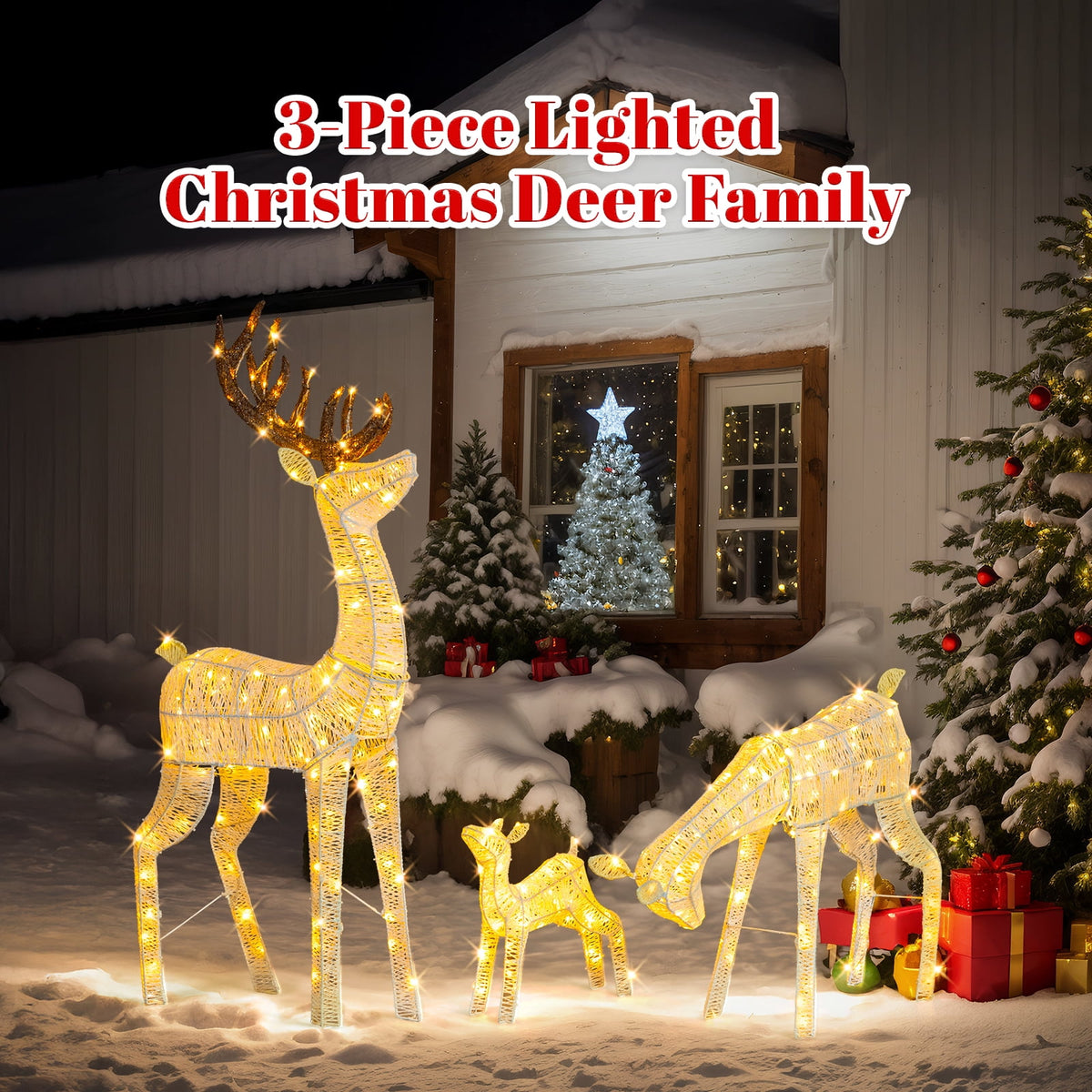 Ktaxon Christmas Outdoor Decor 4FT Lighted Reindeer Set 3Pcs Yard Deer Decorations LED Lights - Gold
