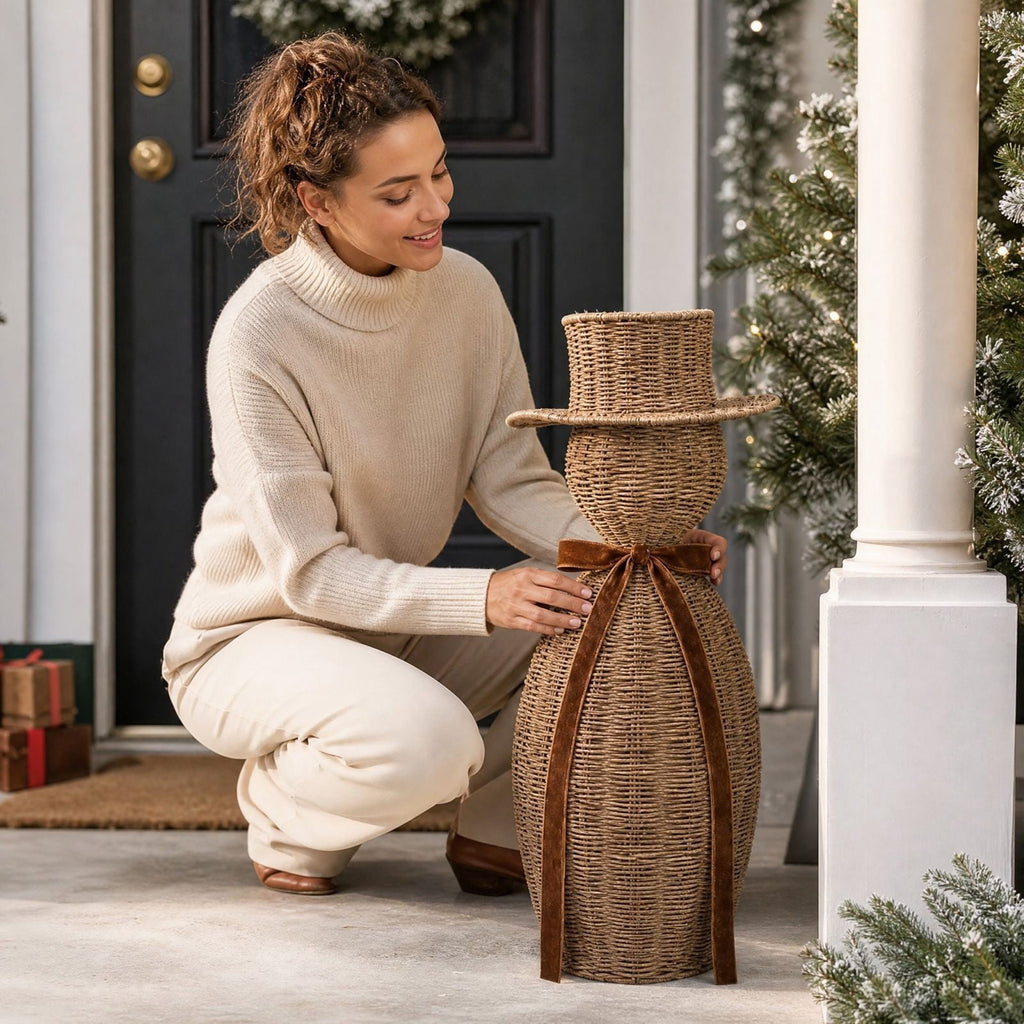 FeiBiQiuBi 14.9" Resin Rattan Style Snowman, Rustic Snowman Decorations with Bow, Woven Natural Style Freestanding Design Winter Farmhouse Decor for Home Kitchen Garden, Holiday Table Mantel Decor