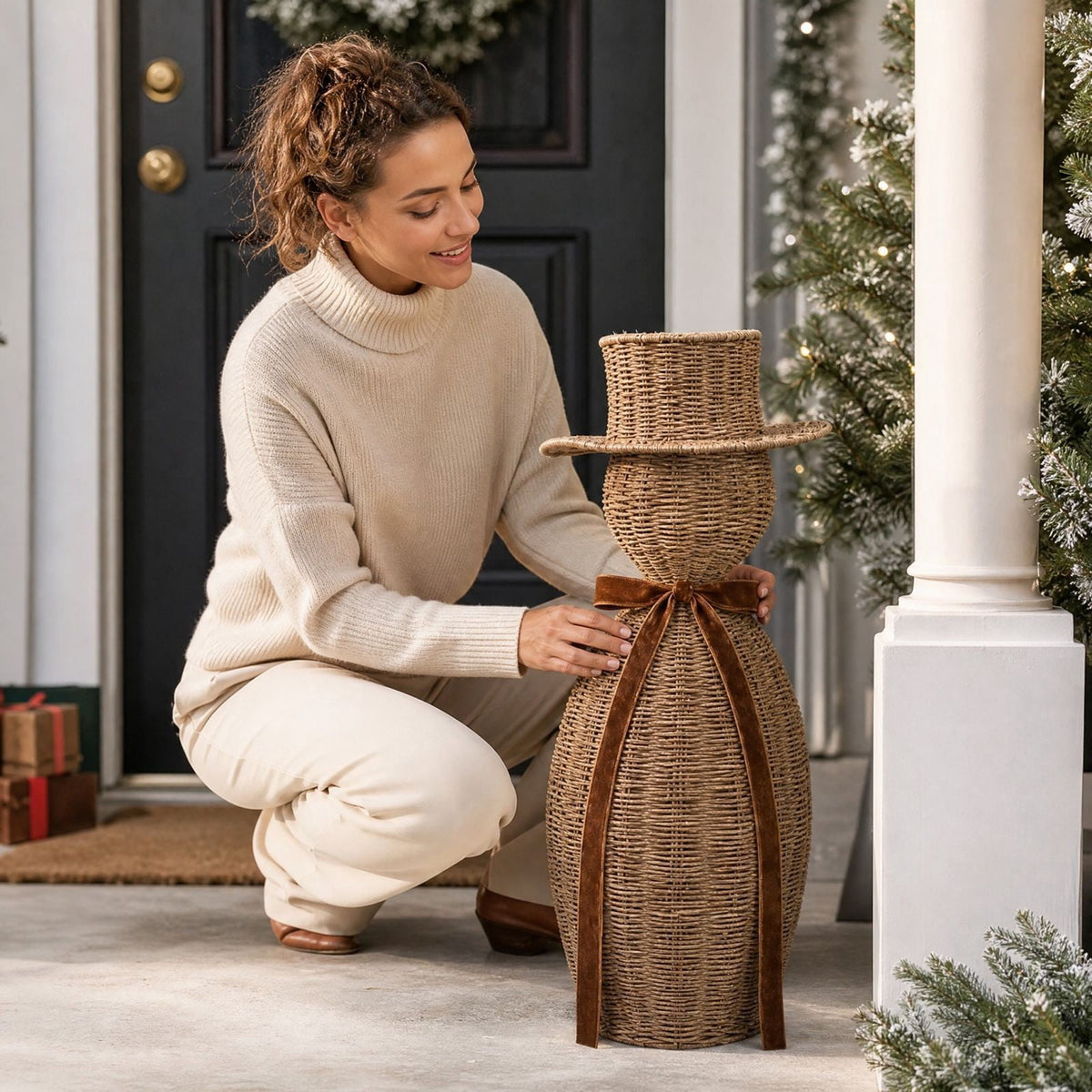 FeiBiQiuBi 14.9" Resin Rattan Style Snowman, Rustic Snowman Decorations with Bow, Woven Natural Style Freestanding Design Winter Farmhouse Decor for Home Kitchen Garden, Holiday Table Mantel Decor