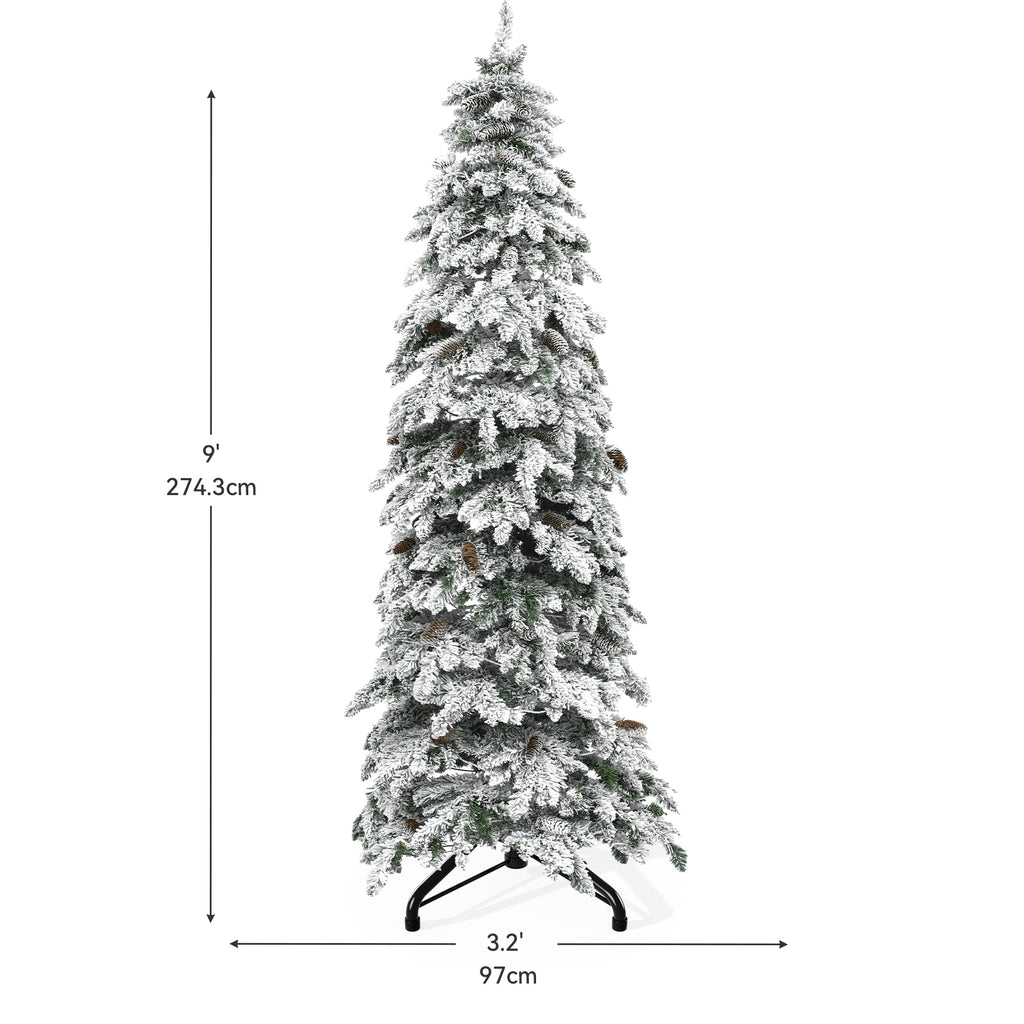 Uforic 7.5ft Snow Flocked Pencil Spruce Artificial Christmas Tree with Pinecones,Pre-Lit Holiday Christmas Pine Tree with with 800 Branch Tips,350 Lights, for Home, Office and Party Decor
