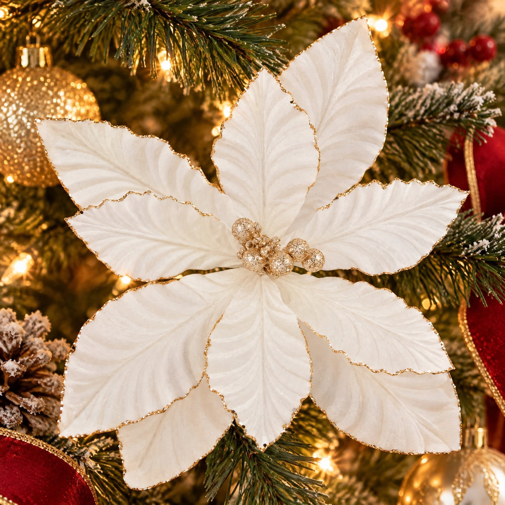 White and Gold Velvet Poinsettia Christmas Clip Ornament, 20", by Holiday Time