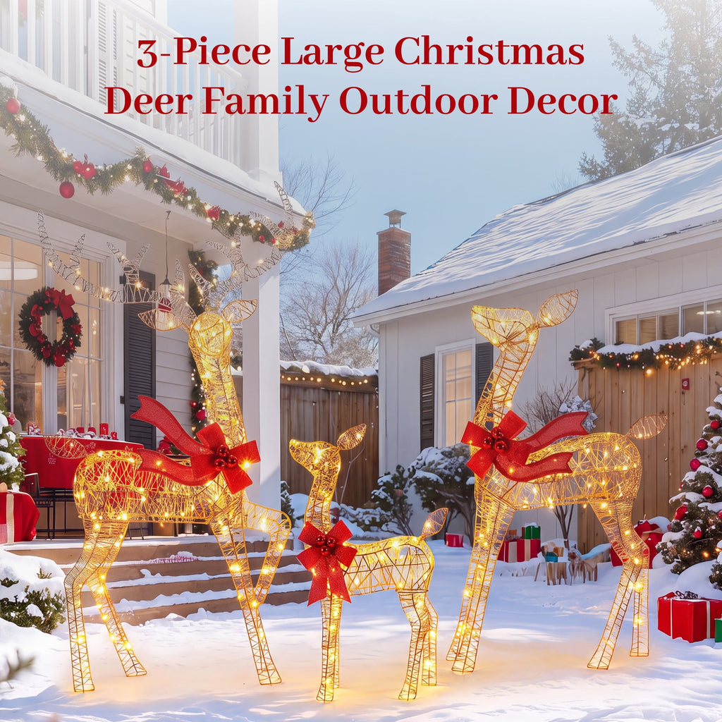 FOOWIN 3-Piece Large Christmas Deer Family, Lighted Outdoor Christmas Decoration, Champagne Gold
