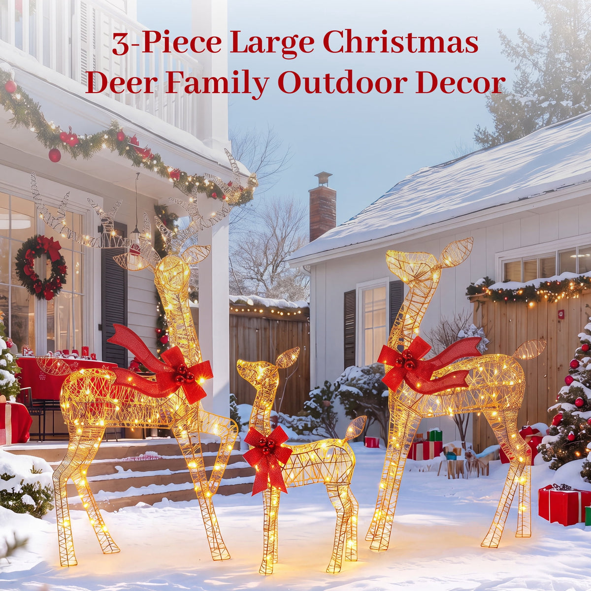 FOOWIN 3-Piece Large Christmas Deer Family, Lighted Outdoor Christmas Decoration, Champagne Gold