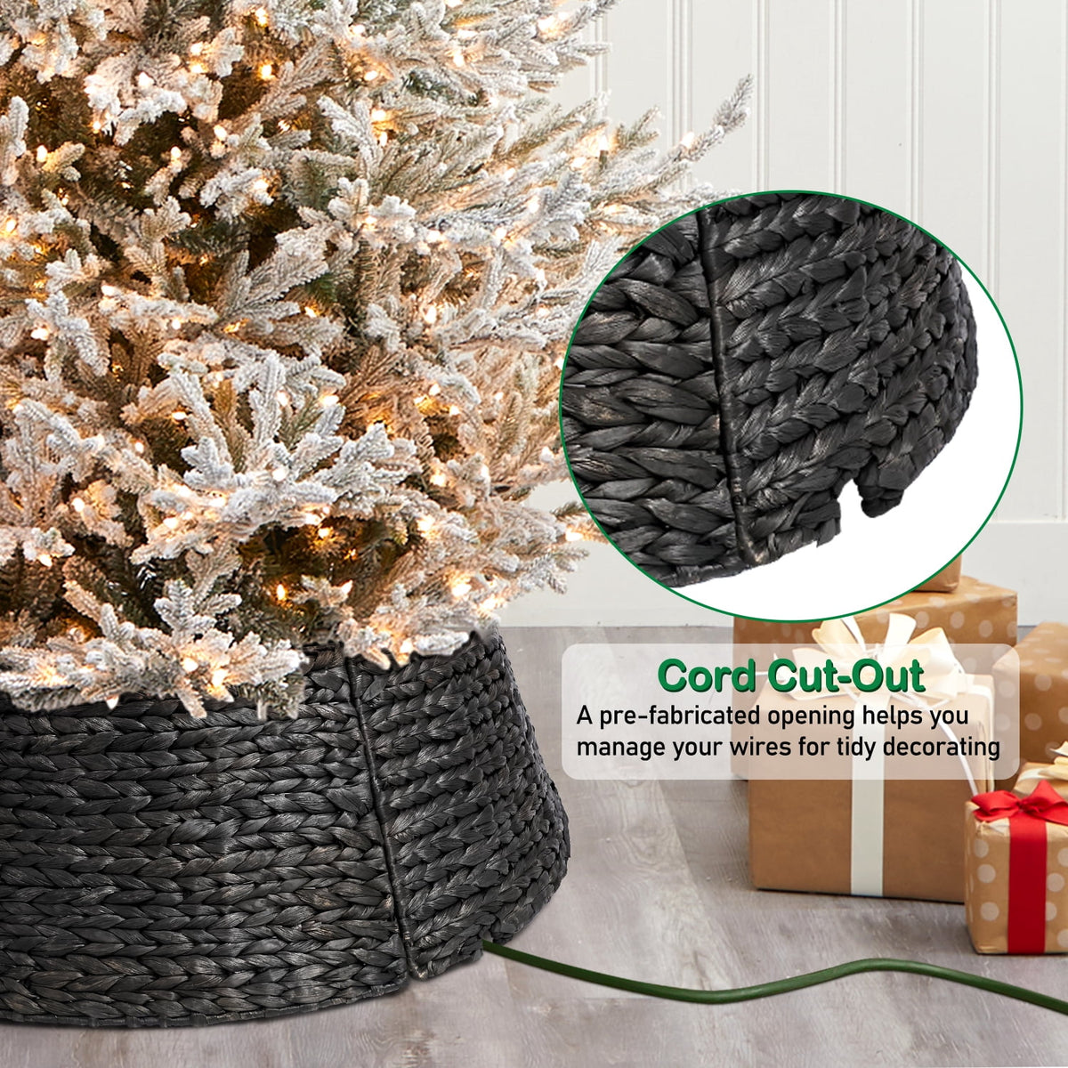 Ayieyill 26in Woven Hyacinth Christmas Tree Collar, Christmas Tree Decorations, Tree Skirt Accessory w/ Cord Cut-Out | Black