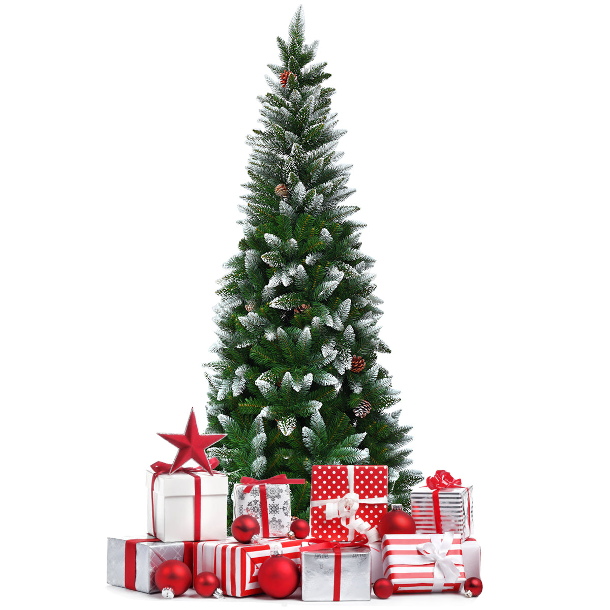 Gymax 5ft Snow Flocked Pencil Christmas Tree Classic Realistic PVC Needles W/Pine Cones