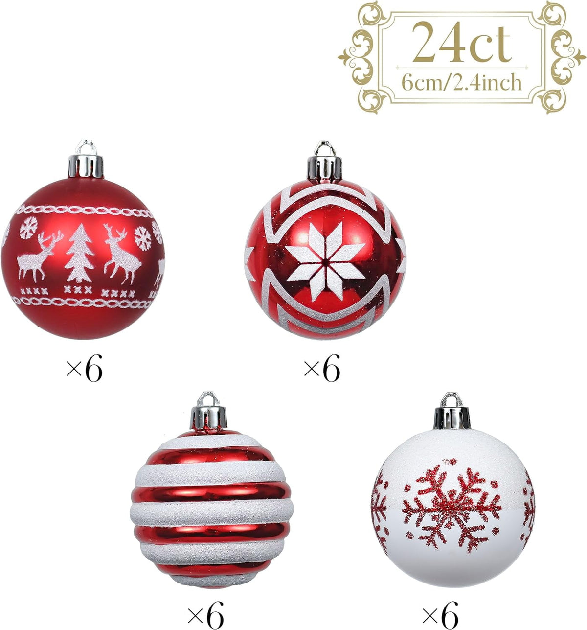 Valery Madelyn 24ct 2.36" Christmas Ball Ornaments, Red White Shatterproof Ornaments for Christmas Party Decor