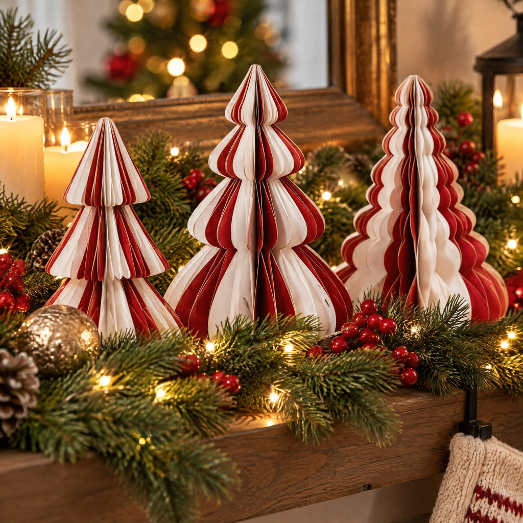 Paper Honeycomb Trees Christmas Decoration, Red and White, 3 Pieces, by Holiday Time