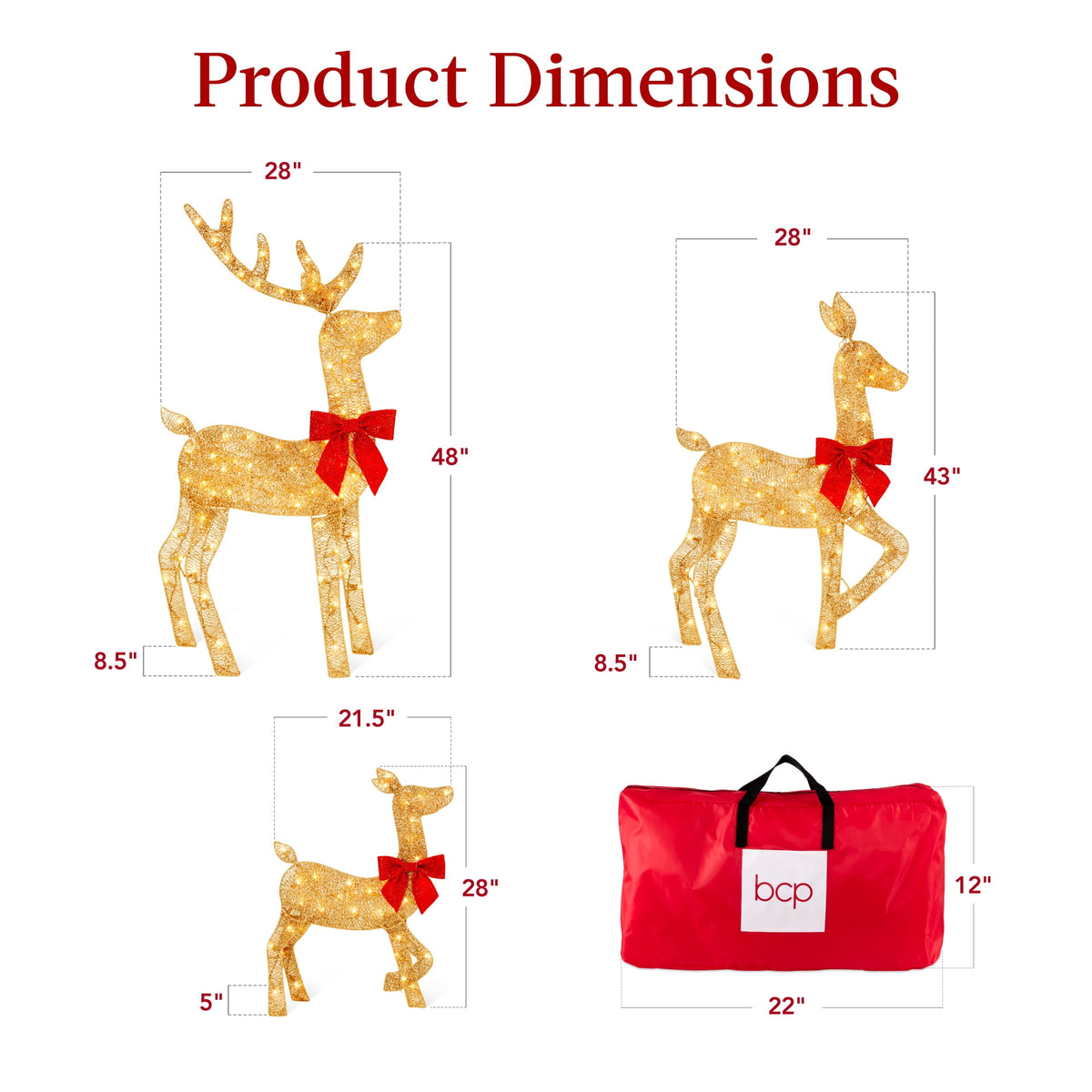 Best Choice Products 3-Piece 2D Deer Family Set, Lighted Christmas Outdoor Decoration w/ 175 Lights, Stakes - Gold
