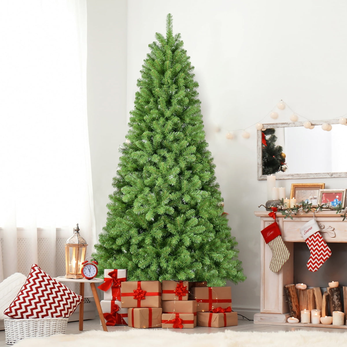 8ft Christmas Tree with Memory Wire, 1430 Tips Hinged Artificial PVC Tree, Easy Setup Green Xmas Tree for Indoor Holiday Decoration